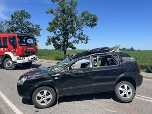 Na zdjęciach przedstawione jest miejsce zdarzenia po wypadku drogowym. Jeden z pojazdów znajduje się w przydrożnym rowie, drugi na środku pasów ruchu. Oba pojazdy posiadają poważne uszkodzenia powypadkowe.